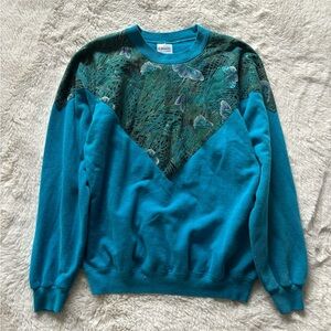 VTG 80s Hanes Teal Blue Butterfly Print Crewneck Sweatshirt